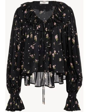 Chloé Maxi Gathered Ruffle Top In Silk Charmeuse - Black