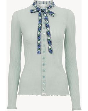 Chloé Cardigan Aderente Con Nastro Sul Davanti - Blu