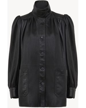 Chloé High-neck Gathered Coat In Leather - Black