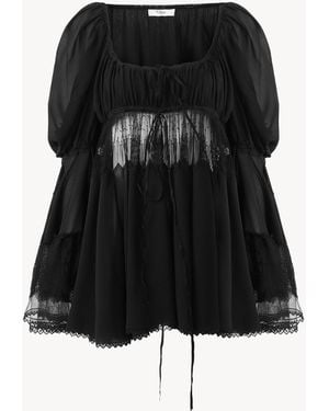 Chloé Scoop-neck Puff-sleeve Top In Silk Georgette & Lace - Black