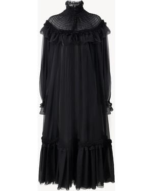 Chloé Vestido Midi De Cuello Alto Con Volantes De Muselina De Seda - Negro