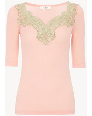 Chloé Körperbetonter Pullover Aus Wollstrick Und Spitze Mit Ellbogenlangen Ärmeln - Pink