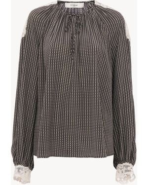 Chloé Top De Cuello Abierto De Crepé De Seda China Y Encaje - Gris