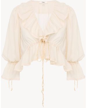 Chloé Cropped V-Neck Ruffle Top - White