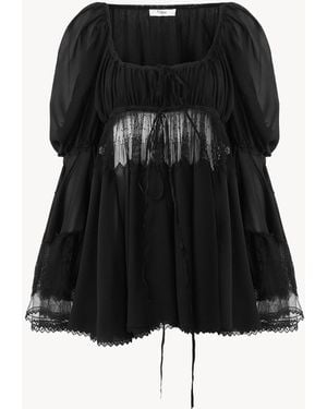 Chloé Scoop-neck Puff-sleeve Top In Silk Georgette & Lace - Black