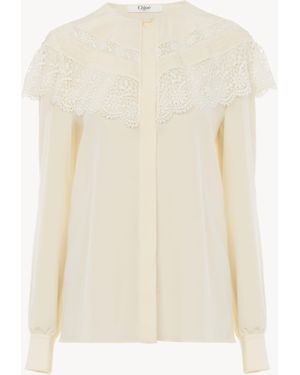 Chloé Blusa Fruncida De Crepé De Seda China Con Encaje Blanco 100% Seda, Pinctada Maxima, Farmed, Coo Australia
