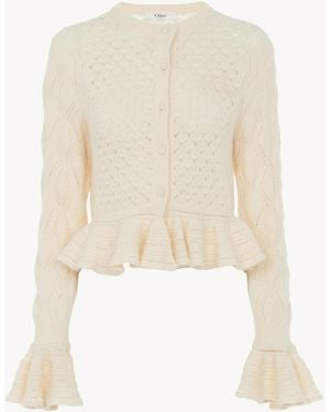 Chloé Gerüschte Strickjacke Mit Logo Aus Seide, Alpaka Und Baumwollstrick - Weiß