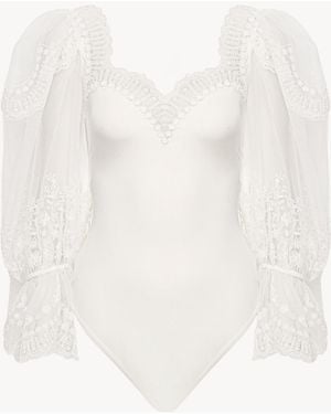 Chloé Body De Manga Abullonada De Jersey Elástico Brillante Y De Encaje - Blanco