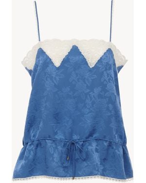 Chloé Camisola Con Cordón De Jacquard De Seda Y Encaje Azul 100% Seda
