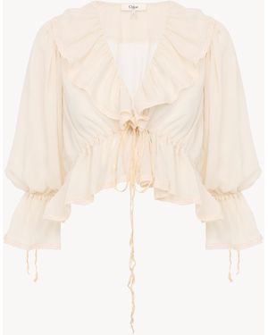 Chloé Cropped V-Neck Ruffle Top - White