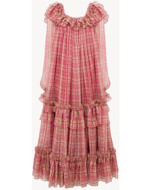 Chloé Vestido Midi De Cuello Cuadrado De Muselina De Seda De Cuadros - Rojo