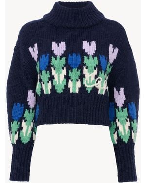 Chloé Jersey Cropped De Cuello Cerrado Con El Logotipo De Punto De Lana - Azul