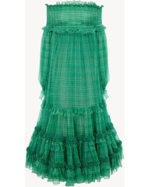 Chloé Vestido Largo Con Hombros Desnudos De Muselina De Seda De Cuadros - Verde