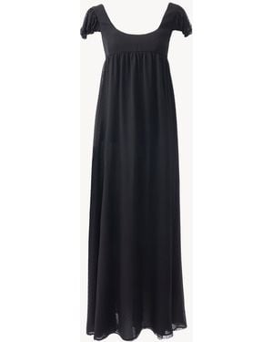 Chloé Puff-sleeve Long Dress In Silk Plumetis - Black