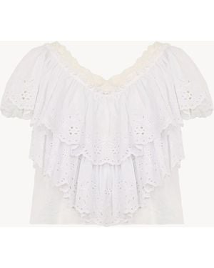 Chloé Cropped V-Neck Ruffle Top - White