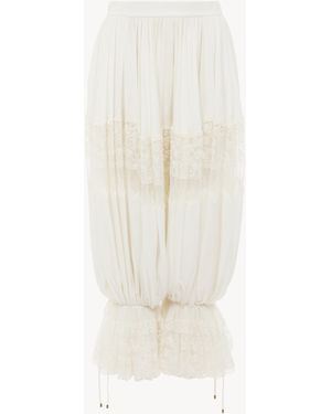 Chloé Pantalones Cropped Fluidos De Seda Charmeuse Y Encaje Blanco 100% Seda