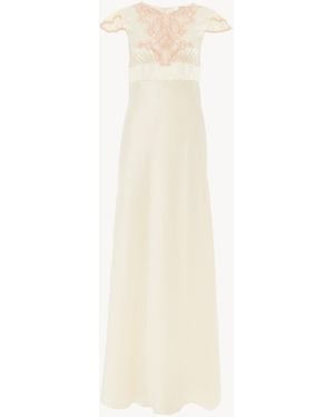 Chloé Vestido De Columna De Manga Casquillo De Satén De Seda Lavada Y Encaje - Blanco