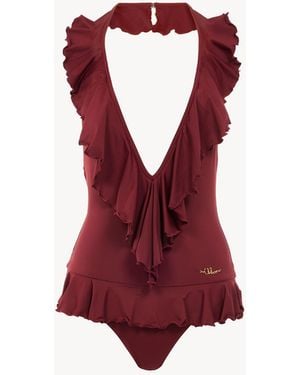 Chloé Bañador De Una Pieza Con Cuello En V Y Volantes - Rojo