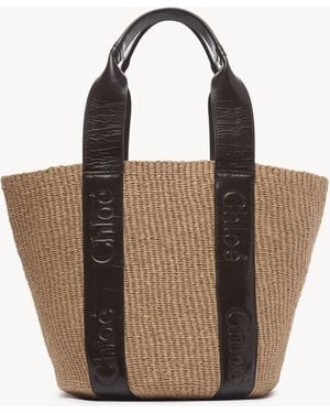 Chloé Bolso Tote Grande Woody De Fibras Naturales De Comercio Justo Marrón 100% Papel, Bos Taurus, Farmed, Coo Denmark - Blanco