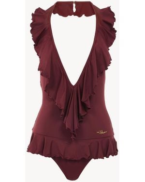Chloé Ruffled V-Neck One-Piece Swimsuit 82% Polyamide, 18% Elastane - Red