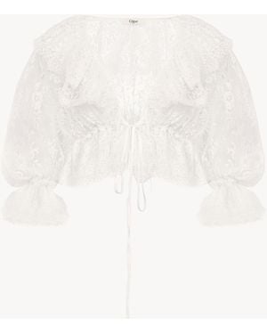 Chloé Cropped V-Neck Ruffle Top - White