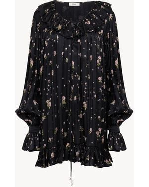 Chloé Gathered Long-sleeve Mini Dress In Silk Charmeuse - Black