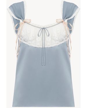 Chloé Top Lingerie Fluide En Satin De Soie Lavé Et Dentelle - Bleu