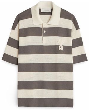 Ami Paris Ajoure Stripped Knitted Polo - Grey