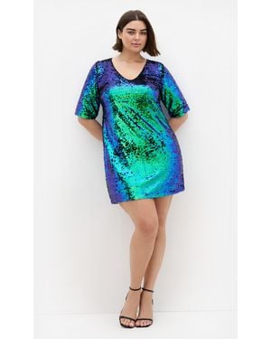 City Chic Plus Size Sequin V-Neck Glam Dress - Blue