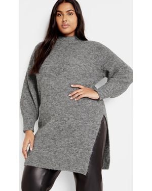 City Chic Plus Size Longline Split Sweater - Gray