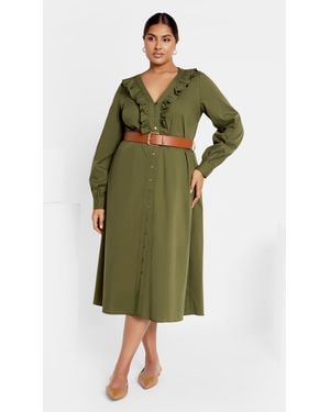 City Chic Plus Size Zoe Belted Dress Khaki, Cotton - Green