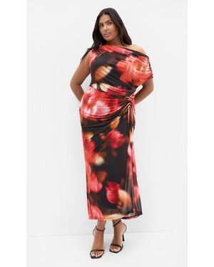 City Chic Plus Size Maxi Dress Vivid Mesh Printed Fl/3Xs - Red