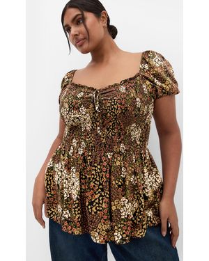 City Chic Plus Size Azure Print Shirred Mocha Top - Brown