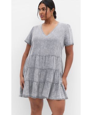 City Chic Plus Size Denim Wash Tier Dress - Gray
