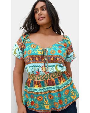 City Chic Plus Size Amaria Print Alpine Tie Front Top - Blue