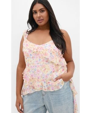 City Chic Plus Size Waverly Frill Lemon Print Top - Gray