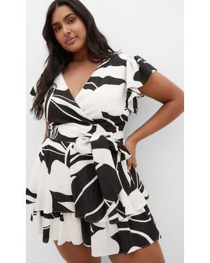 City Chic Plus Size Sunny Frill Mono Ivory Print Playsuit - Multicolor