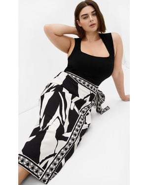 City Chic Plus Size Border Print Ivory Wrap Midi Skirt - Black