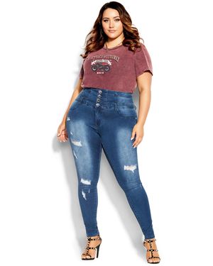 City Chic Plus Size Asha Ripped Corset Wash Jean - Blue
