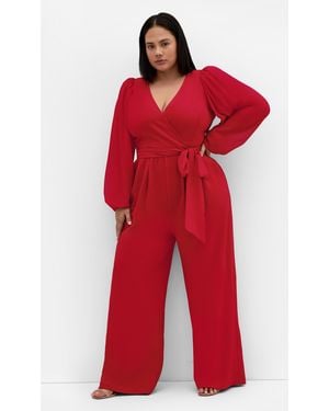 City Chic Plus Size Sheer Sleeve Wide Leg Jumpsuit - Red