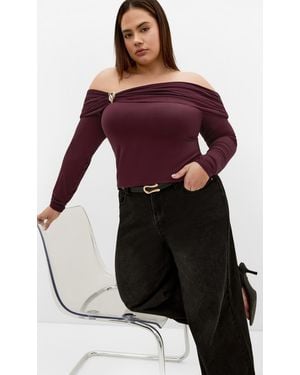 City Chic Plus Size Buckle Off Shoulder Long Sleeve Top - Red