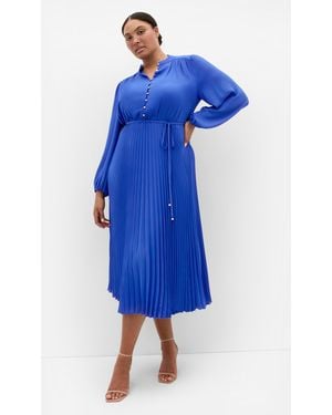 City Chic Plus Size Halle Long Sleeve Pleat Dress - Blue