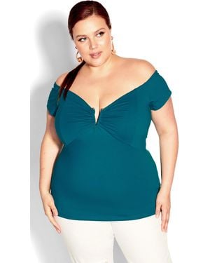 City Chic Plus Size Island Off Shoulder Top Harbour, Cotton - Blue