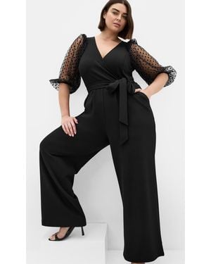City Chic Plus Size Asher Spot Mesh Sleeve Jumpsuit - Black