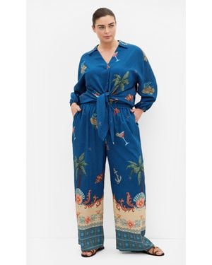 City Chic Plus Size Tia Sea Print Marine Wide Leg Pants - Blue