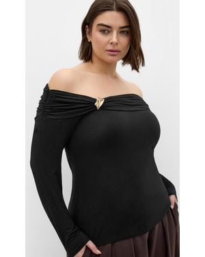 City Chic Plus Size Buckle Off Shoulder Long Sleeve Top - Black