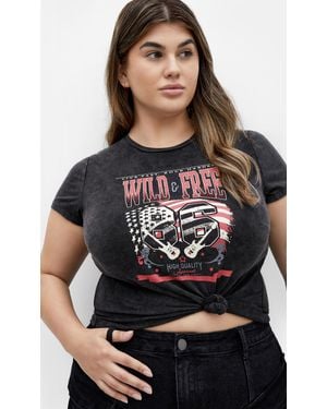 City Chic Plus Size Micro Wild Print Charcoal Tee - Black