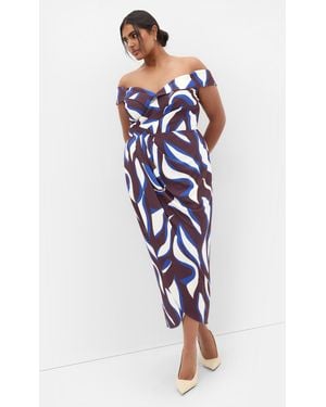 City Chic Plus Size Claire Print Off Shoulder Dress - Blue
