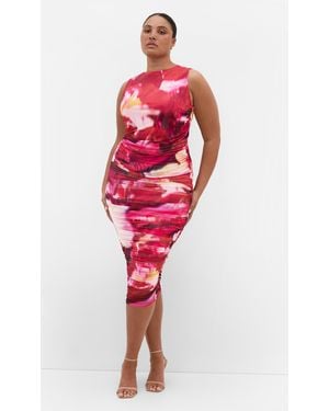 City Chic Plus Size Livia Ruched Print Sunset Skirt - Red