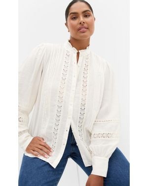 City Chic Plus Size Whimsical Embroidered Long Sleeve Shirt - White